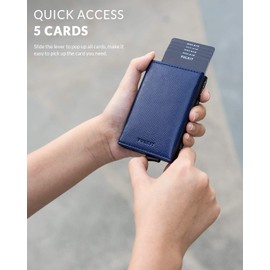 VULKIT Credit Card Holder RFID Blocking Genuine Leather Bifold Mens Wallet Automatic Pop Up with Banknote Compartment (Cross Navy)