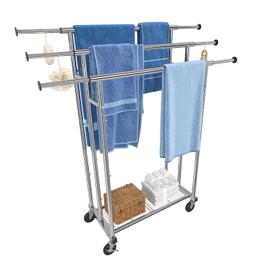 Simple Trending 48" H Free Standing Towel Rack with Storage Shelf for Bathroom, Metal Extendable Blanket Rack Holder, 46.5" L x 16.25" W x 48" H, Chrome