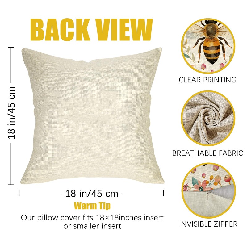 Bumble Bee Floral Decorative Throw Pillow Covers 18 x 18