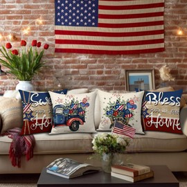 OPULANE 4th of July Independence Day Pillow Covers 18x18 Inch Bless Our Home America Stars Eucalyptus Fireworks Truck Patriotic Memorial Day Throw Pillow Cases for Sofa Couch Decorations Set of 4