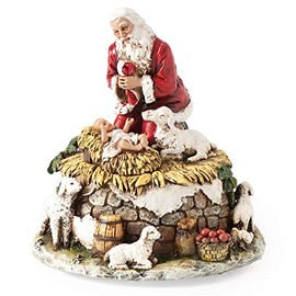 Joseph's Studio by Roman - Santa with Baby Jesus and Lambs Figure, Kneeling Santa Collection, Verse - O' Come All Ye Faithful, 5.75" H, Resin and Stone, Christmas Decoration