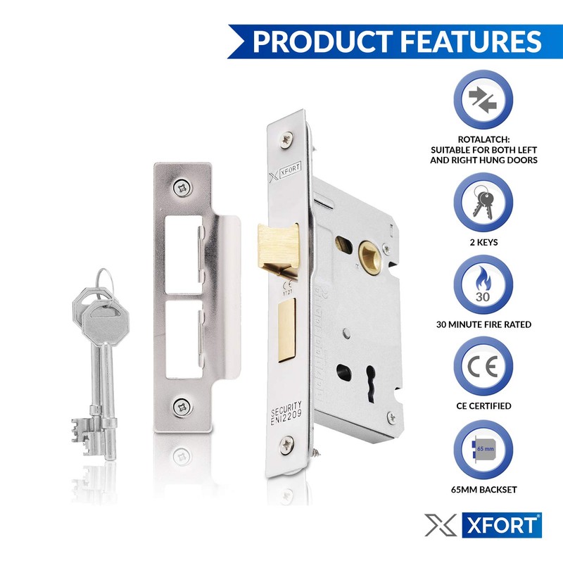 XFORT® 3 Lever Polished Chrome Mortice Sashlock 65mm, Door Lock