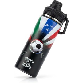 18 oz Soccer Fan Edition Water Bottle – Vacuum Insulated Stainless Steel Sports Flask with Leak-Proof Spout Lid, Three-Country Commemorative Travel Souvenir Gift