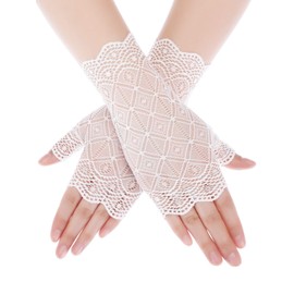 Skylety 1 Pairs Women's Lace Gloves Short Fingerless Floral Gloves for Wedding Tea Party Cosplay Costume Accessories(White)