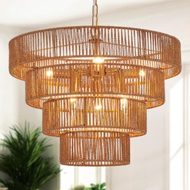 YOMECOO Boho Rattan Chandelier Farmhouse 6-Lights Hand-Woven Bamboo Chandelier Light Fixture Vintage Rustic Wicker Rattan Golden Chandeliers for Dining Room, Bedroom, Kitchen, Living Room, E12