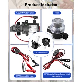 DC12V Water Pump Kit, 1.6 GPM Camper Water Pressure Pump with Pressure Switch, 65 PSI Self Priming Diaphragm Pump for Camper Boat Marine RV Kitchen Bathroom Gas Hot Water System