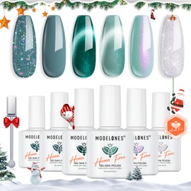modelones Hema Free Cat Eye Gel Nail Polish, 6 Colors Holographic 9D Cat Eye Glitter Christmas Gel Polish Set White Green Nail Gel Polish Kit with Magnet Soak Off LED Winter Nail Art Gel DIY Salon