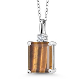 Gem Stone King 925 Silver Brown Tiger Eye and White Lab Grown Diamond Pendant Necklace For