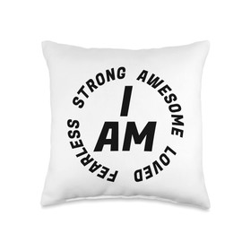 I AM by KD I AM Awesome Fearless Strong Loved Inspire Positive Message Throw Pillow, 16x16, Multicolor