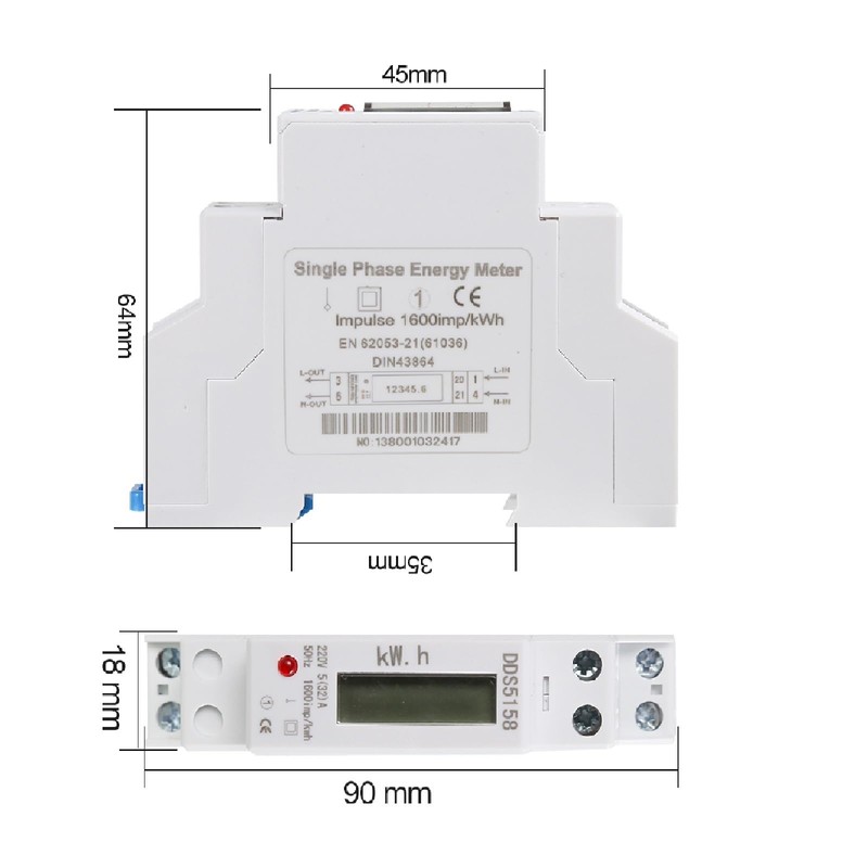 DEWIN Electricity Meter, AC Meter, Single-Phase kWh Counter, DIN Rail
