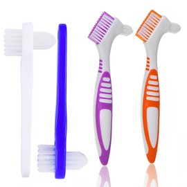 AFCJLTO Pack of 4 Portable Denture Cleaning Brushes with Moderate Multilayer Bristles, Double-Sided Denture Cleaning Brushes, Portable and Modern Brush for False Teeth (2 Models, 4 Colours)
