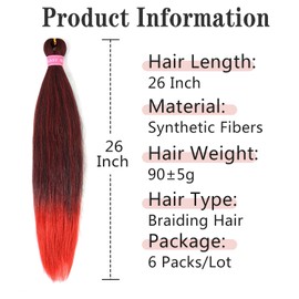MSBELLE Red Braiding Hair Pre Stretched,26 Inch 6 Pack Prestretched Ombre Braiding Hair Extensions for Women Synthetic Soft Yaki Texture Crochet Braids Hair Extensions (1B/Red)