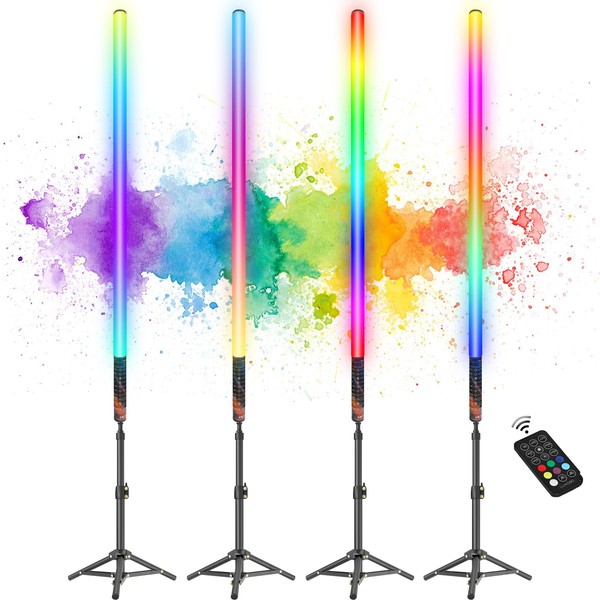 luxceo 4Pack RGB Tube Light Bar with Light Stand, Battery Powered LED Video Light Wand Stick with Remote Control for DJ Lighting, Dance Club and Photography Lighting (2.8Ft)