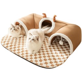 Cat Tunnel Bed Indoor,Cat Peekaboo Cave Bed for Multiple Cats,Kitty Tube with Cat Balls Toys,Removable Cat Bed House Washable,Small Animal Tunnel for Kitty,Bunny (Brown,Large)