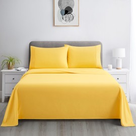 Marina Decoration 600 Thread Count Ultra Soft Deep Pocket Hotel Standard Solid Bedding Long Staple Percale Cotton All Season 4 Pieces Sheet Set with 2 Pillowcases, Yellow Color Queen Size