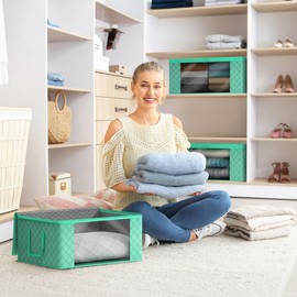 Sorbus Medium Clothes Storage Bags - Foldable Blanket Storage Bins for Organizing Bedroom, Closet, Clothing, Comforter, Organization with Clear Window, Lids and Carry Handles - Set of 12