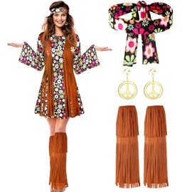 SATINIOR Women Hippie Costume Set Peace Sign Earring Necklace Headband Dress Ankle Socks (Black Floral,Medium)