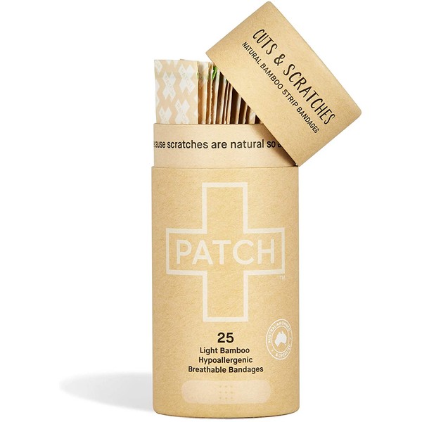 PATCH Eco-Friendly Bamboo Bandages for Cuts & Scratches, Hypoallergenic Wound Care for Sensitive Skin - Compostable & Biodegradable, Latex Free, Plastic Free, Zero Waste, Natural, 25ct