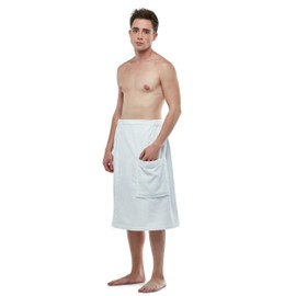 ESKYMODE Mens Terry Cotton Bathrobe Towel, Men's Adjustable Closure Shower Wrap Robe, White, Small-Medium