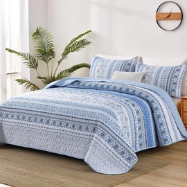 Goodidea Boho Quilt Queen Size, Light Blue Bohemian Bedspread Queen Size Set with 2 Pillow Shams, Lightweight Summer Soft Microfiber Boho Bedding Set for All Seasons 96"x90"(Bed Decor 3 Pieces)