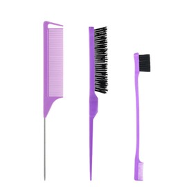 Styling Hair Brush Set, Bristle Hair Brush Tail Comb Edge Brush for Edge & Back Brushing, Purple Brush Set Rat Tail Combing Slicking Hair for Women Girls 3PCS