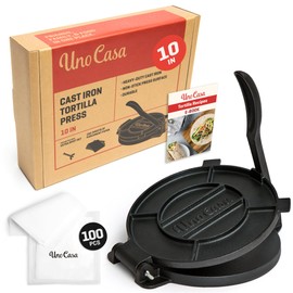 Uno Casa Cast Iron Tortilla Press 10 Inch - Tortilla Maker Press, Pre-Seasoned Roti Maker with 100 Pcs Parchment Paper - Heavy Duty Quesadilla Maker for Homemade Flatbreads, Rotis, Empanadas