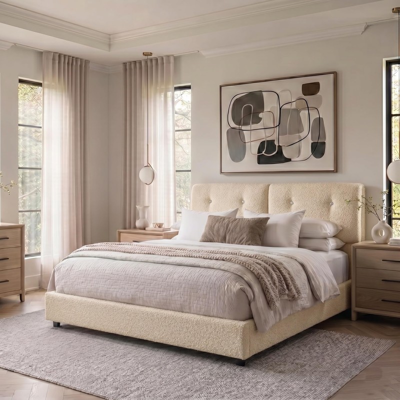 IMMERSTABLE Bed Frame Queen Size, Boucle Upholstered Bed Frame with