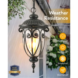 VIANIS Outdoor Pendant Light Lantern, Farmhouse Outdoor Chandelier, Vintage Outdoor Hanging Lights with Seed Glass, Brown Ceiling Lights for Porch, Porch Lights Ceiling for House