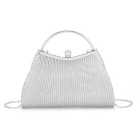 SUKUTU Women's Clutch Evening Bag Pleated Wedding Rhinestone Handbag Silk Shoulder Bag for Party, silver, standard size