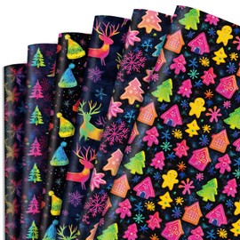 Dtiafu Christmas Wrapping paper for Boys Girls Kids - 6 Neon Rainbow Xmas Style Gift Wrap Reindeer Tree Christmas Hats Design for Holiday Party Winter, 20 X 28 Inches, Folded Flat (6 Sheet)