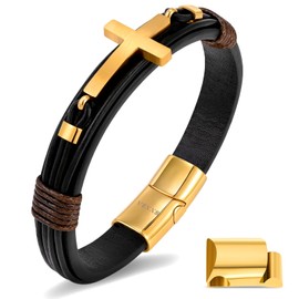 VEXXS Mens Leather Bracelet, Braided Genuine Leather Bracelets with Cross and Evil Eye, Mens Bracelet Mens Jewellery Gift for Husband Boyfriend Dad Brother (7.5 inches, A-Gold Cross)