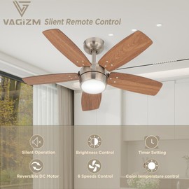 Vagizm Ceiling Fan 36'' for Small Room: Modern Ceiling Fans with Light Remote Control - Reversible Quiet DC Motor Dimmable with 6 Speeds for Dorm Room Kids Bedroom(Brushed Nickel+Walnut)