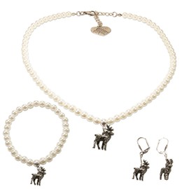 Alpenflüstern Costume Jewellery Set Pearl Costume Necklace, Costume Bracelet and Costume Earrings Deer – Women's Costume Jewellery, Costume Set Necklace, Bracelet and Earrings Cream/White SET039,
