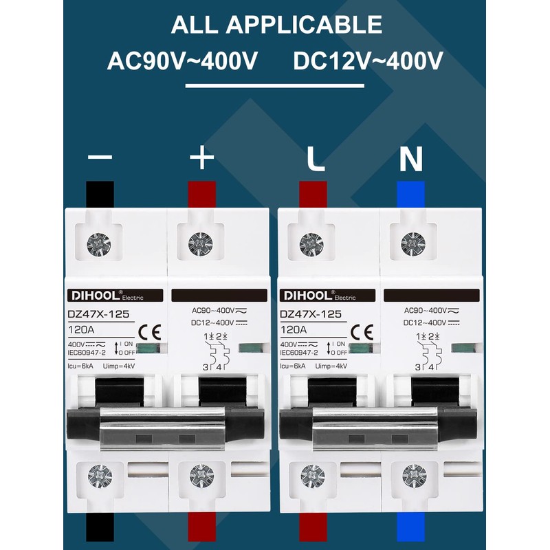 DIHOOL Solar Disconnect Switch, 120 Amp 2 Pole, DIN Rail