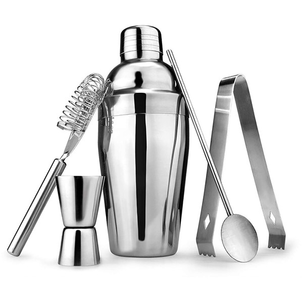 Tebery 5 Pieces Cocktail Shaker Bar Set, 26 Ounces Martini Kit with Double Jigger and Spoon (Silver)