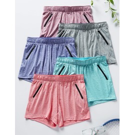 Liberty Imports Paquete de 5: pantalones cortos de entrenamiento para mujer, estilo casual, ropa deportiva para mujer, con bolsillos con cierre, Gris jaspeado/cereza/cereza/azul glaciar/azul sonar, L