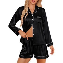 SWOMOG Womens 2 PCS Pajamas Set Silk Satin Long Sleeve Sleepwear Button Down Loungewear Pjs Nightwear Z - Black - 2 PCS Large