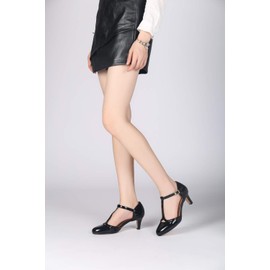 fereshte Women's Men's Mary Jane T-Strap Round Toe Mid Kitten Heel Pumps Shoes Patent Black EU45-13 Women / 11.5 Men