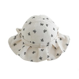 QKURT Infant Baby Sun Hats, Newborn Cotton Bucket Hats with Cute Bow Print, Toddler Basin Hat with Adjustable Chin Strap, Summer Outdoor Infant Beach Cap for Kids Girls Boys 1-3 Years