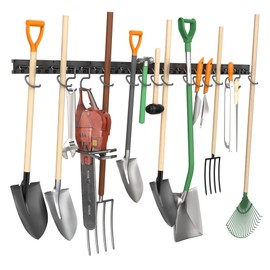 TORACK Plastic Wall Mounted Mop and Broom Holder, Garden Tools Organizer for Garage Wall, Yard Tool Storage Rack for Rakes, Shovels, Mops, Brooms (4 Tracks, 16 Hooks)