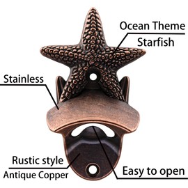 Luwanburg Antique Bottle Opener Wall Mounted Starfish Beer Cap Opener Mountable Copper for Beach Nautical Coastal