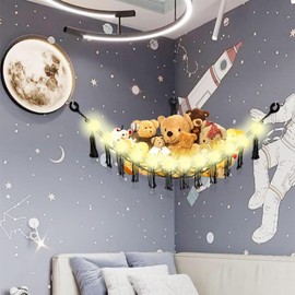 CERETIA Stuffed Animal Hammock with LED Light, Large Stuffed Animals Storage Corner Plushie Net for Kids Room Decor, 2 Packs Black