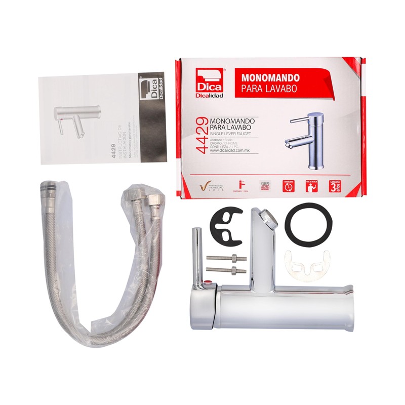 DICA, Monomando Corto Ecologico para Lavabo, Acabado Cromo, Acero Inoxidable,