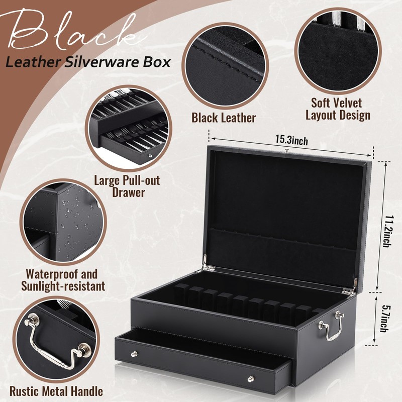 DoubleFill 2 Layer Leather Silverware Storage Box with Lid Drawer
