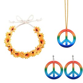 3PCS Hippie Costume Set for Women Gold Peace Sign Necklace Earrings Hippie Style Headband Sunflower Crown 70s Jewelry Accessories for Girls