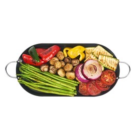 Restaurantware-Met Lux 20.4 x 8.8 Inch Double Burner Griddle, 1 No-Stick Flat Top Grill - Compatible With Open Fire And Gas, Ergonomic Handles, Black Carbon Steel Griddle Pan, Even-Heating