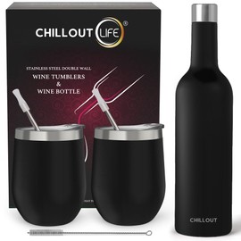 CHILLOUT LIFE 12 oz Stainless Steel Wine Tumblers 2 Pack & 1 Insulated Wine Bottle - Double Wall Vacuum Insulated Wine Glasses Cups with Lids and Straws Set Keeping Cold & Hot Gift Set