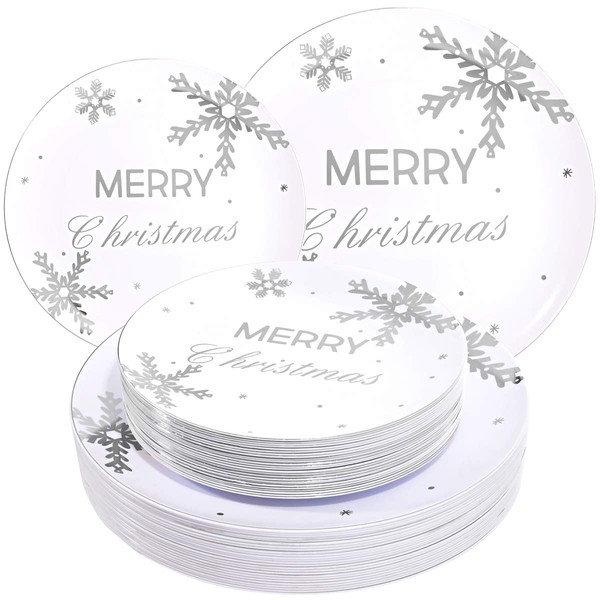 WDF 50Pieces Silver Plastic Plates- Snowflake Plastic Plates-Heavyweight White and Silver Disposable Plates for Christmas