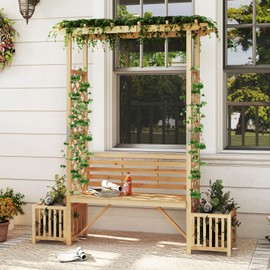 Giantex Outdoor Bench with Garden Arbor & 2 Planter Boxes, Wooden Trellis for Climbing Plants & Vines, Outside Pergola for 2-People Seating, Decoration for Porch, Patio, Yard