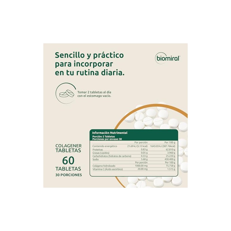 Biomiral Colagener Suplemento Alimenticio Colágeno Hidrolizado Vitamina Tabletas 660 1000